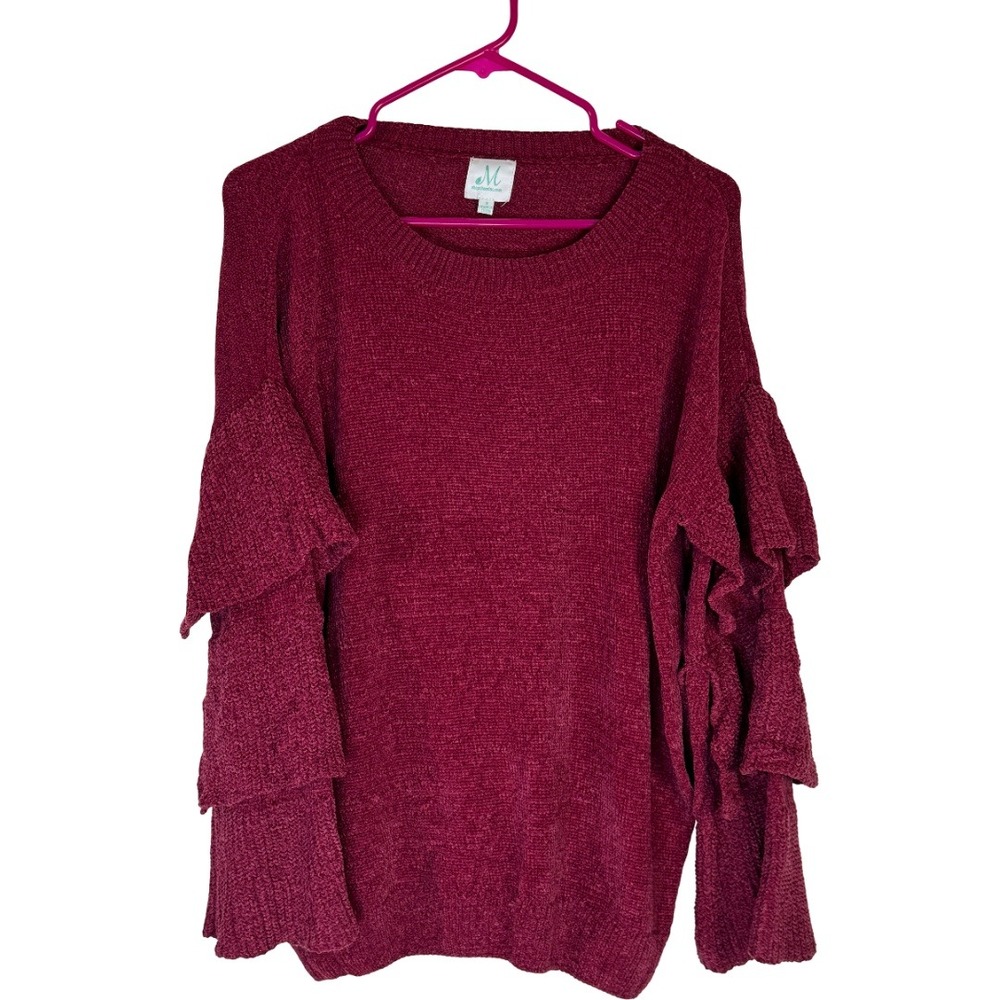 The Mint Julep Boutique Sweater Women Small Maroon Chenille Ruffle Tiered Sleeve
